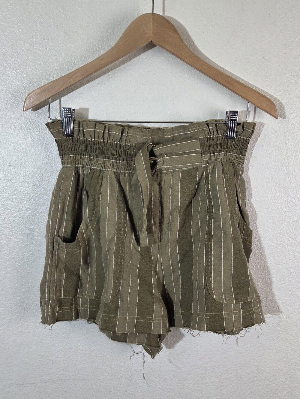 Free People FP One Harriet Striped Shorts S Paperbag Olive Green Boho Raw Hem